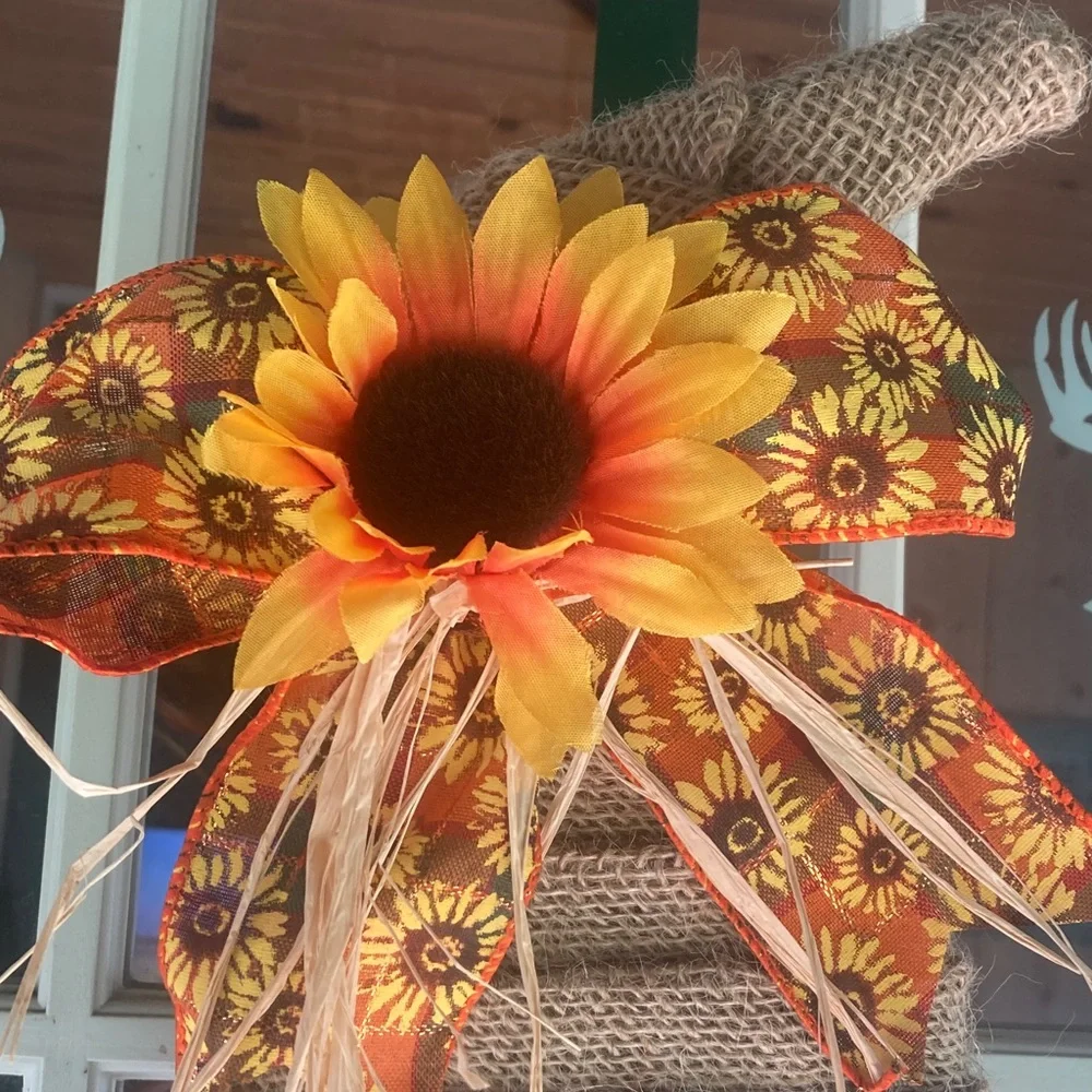 Handcrafted Scarecrow Wreath with Sunflower Bow - Picture 2 of 3